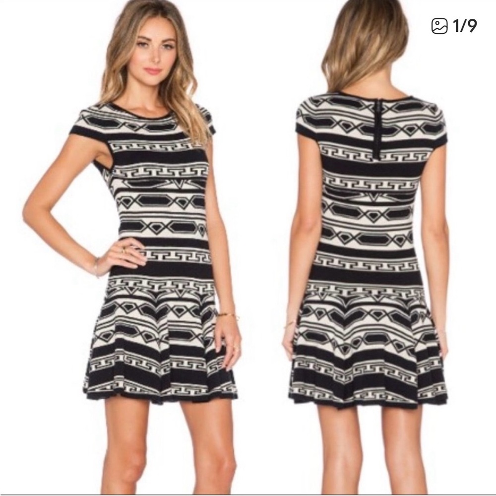 ALICE & OLIVIA Dress Sz S Black Ivory Sweater Stripe Darby Knit Aztec Drop Waist